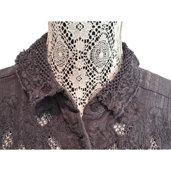 Free People dark Grey Long Sleeve Shirt Lace 100% cotton blouse collard sexy - Picture 7 of 13